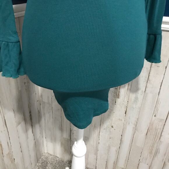 ASOS Teal Ribbed Bell Sleeve Body con Mini Dress - Picture 4 of 7